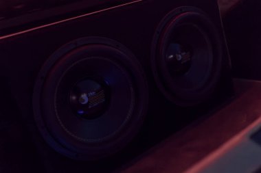 Milan, İtalya, 4 Haziran 2025, göze çarpan markalaşma özelliğine sahip iki subwoofer düşük frekanslı ses üretmeye hazırlar.