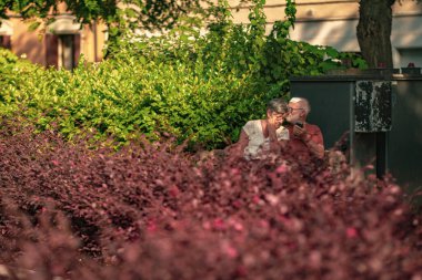 Rovigo, italy 21 june 2025, elderly couple enjoying time together, using a smartphone in a public park in rovigo, italy