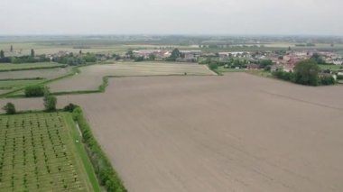 Hava aracı görüntüleri yeşillik tarlalarını gösteriyor. Kuzey İtalya 'da yaz mevsiminde ekilmiş tarlaların arasına yerleşmiş dağınık yerleşimler.