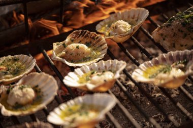 Taze deniz tarakları, sarımsak, maydanoz ve tereyağı ile tatlandırılmış ızgarada ızgara yaparak ağız sulandıran deniz ürünleri tabağı oluşturuyorlar.