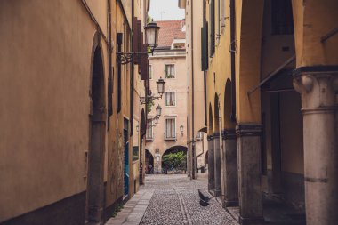 Padova, İtalya, 30 Haziran 2025, klasik sokak lambaları ve padua, İtalya 'da kaldırımları olan pitoresk dar bir cadde, tarih ve çekiciliği çağrıştırıyor.