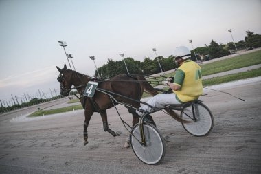 Padua, İtalya, 8 Temmuz 2025, yarış atı yarışçısına kir pistinde rehberlik etmek, rekabetçi bir yarışma sırasında dinamik sporu göstermek.