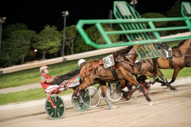 Padua, İtalya 8 Temmuz 2025, yarış pistinde dört nala koşan atlar, koşum takımı yarışında yarışan jokeyler.