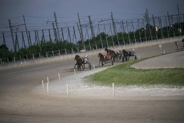 Padua, İtalya 8 Temmuz 2025. Atlar ve sürücüler gece gökyüzünün altında elektrik hatları ve yeşilliklerle çevrili bir toprak pistte koşum koşusunda yarışıyorlar.