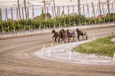 Padua, İtalya 18 Temmuz 2025, jokeyler toprak pistte koşum takımı yarışı sırasında somurtuyor.