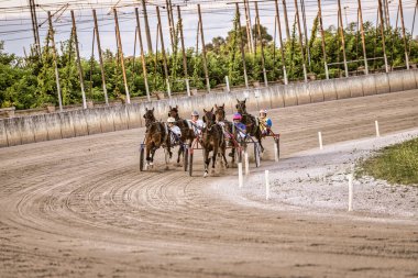 Padua, İtalya 18 Temmuz 2025, yarış jokeyleri bir yarışma sırasında somurtkan arabaları sürüyorlar.