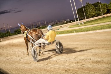 Padua, İtalya 18 Temmuz 2025, at ve sürücü alacakaranlıkta kumlu pistte yarışıyor.