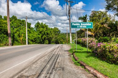 Bayahibe, Dominik Cumhuriyeti 19 Ağustos 2025: Dominik Cumhuriyeti 'ndeki Bayahibe balıkçı köyüne giden yol, işaretle işaretlenmiş ve yemyeşil tropikal bitki örtüsüyle çevrili.