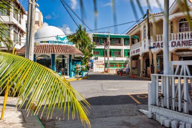 Bayahibe, Dominik Cumhuriyeti 19 Ağustos 2025: Parlak Karayip güneş ışığı altında canlı tropikal mimari, palmiye ağaçları ve yerel emlak bürolarını gösteren renkli Bayahibe Caddesi
