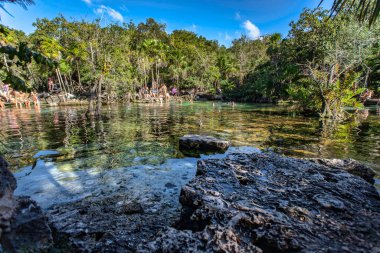 Cenote Azul, Meksika 20 Ağustos 2025: Riviera Maya, Meksika 'da popüler bir yer olan Cenote Azul' un ferahlatıcı sularında yüzen ve dinlenen turistler