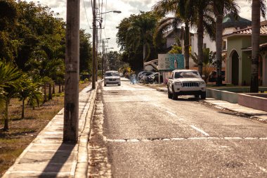 Dominik Cumhuriyeti, Dominik Cumhuriyeti 20 Ağustos 2025: Dominik Cumhuriyeti, Dominik Cumhuriyeti 'nde palmiye ağaçları ve binalarla kaplı asfalt bir sokakta beyaz arabalar sürüyor.
