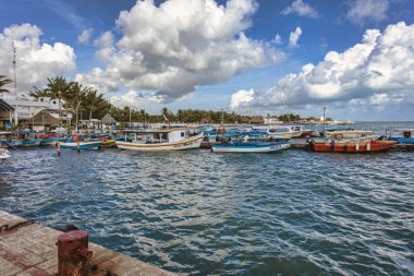 Isla mujeres, Meksika 20 Ağustos 2025: Palmiye ağaçları ve canlı bulutlarla çevrili, Isla Mujeres, Meksika 'da bir rıhtımda demirli pitoresk balıkçı tekneleri