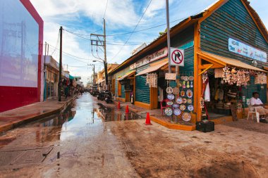 Isla Mujeres, Meksika 20 Ağustos 2025: Meksika, Meksika 'da bir su birikintisine yansıyan renkli hediyelik eşya dükkanı, yerel zanaatları ve canlı ada yaşamını yakalıyor.