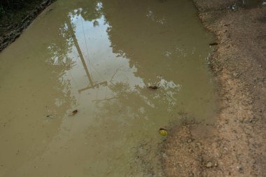 Sakin su yüzeyi toprak bir yolda çamurlu bir su birikintisinde elektrik direğini, ağaçları ve mavi gökyüzünü yansıtıyor.