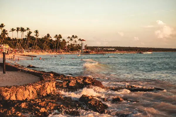 Dominicus sahilinde altın saat, yüzen ve dinlenen turistler, palmiye ağaçları, ve arka planda bir deniz feneri