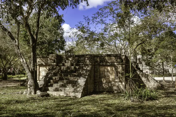 Maya uygarlığının taş kalıntıları güneş ışığıyla yıkandı. Ağaçların ve bitkilerin arasında Chichen Itza, Meksika 'da.