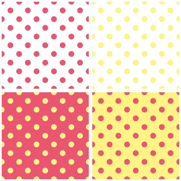 Polkaドットシームレスパステルイエロー ピンクと白のベクトルパターンセット レトロな日当たりの良いタータン織りとツイードファッションタイルの背景 — ストックベクタ