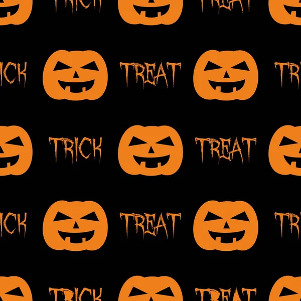 Halloween Tile Vector Pattern Orange Pumpkin Treat Trick Black Background — Vector de stock