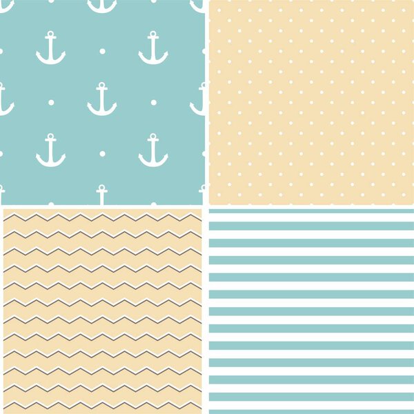 Tile sailor vector pattern set with white polka dots, zig zag and stripes on pastel background