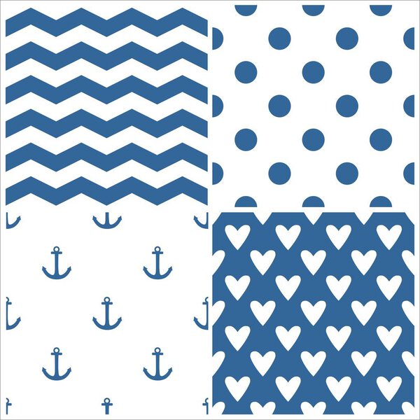 Tile vector pattern set with white polka dots, hounds tooth, hearts and stripes blue background