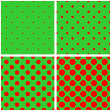 Yeşil ve kırmızı kiremit arka plan vektörü kusursuz desenler ve dokularla ayarlandı. Taze bahar yeşili ve kırmızı arka planda beyaz puantiyeler. Web sitesi tasarımı, dekorasyonu veya masaüstü duvar kağıdı için.