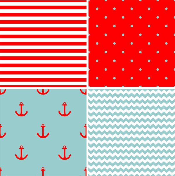 Tile sailor vector pattern set with mint green or blue, red and white polka dots, zig zag and stripes background for decoration wallpaper