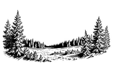 Kırsal yol grafik siyah beyaz köy peyzaj çizim çizim çizim vektörü