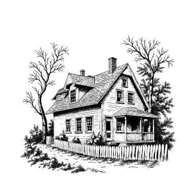 Çitleri ve verandası olan basit bir ev. Kabartmalı vektör illüstrasyonlu ağaçlar ve çalılarla ana hatlar oluşturuluyor
