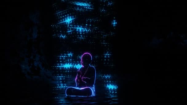 Meditating Monk Cyber Force Field Animated Illustration Moving Screensaver Footage — Stock Video