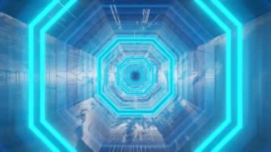 Fantastik bir teknolojik neon tünelin soyut animasyonu. Arkaplan taşınıyor, canlandırılmış ekran koruyucu