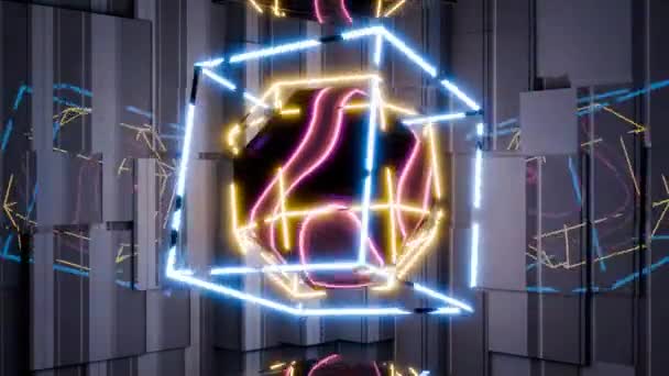 Animatie Van Fantastische Gloeiende Neon Geometrische Vormen Met Ongelooflijke Schittering — Stockvideo