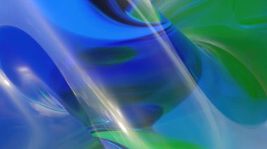 Pürüzsüz, akışkan camsı dalgaların parlak yansımaları ve yumuşak ışıklandırmasıyla mavi ve yeşil tonlarda olduğu çarpıcı bir 3 boyutlu soyut arka plan..