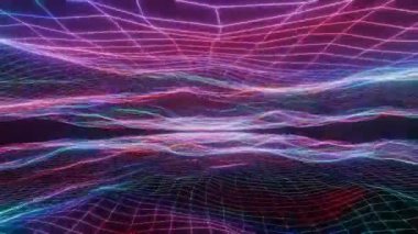 Üç boyutlu soyut ızgara neon dalgaları. Renkli ışık dijital okyanusu. Soyut hareketli arkaplan