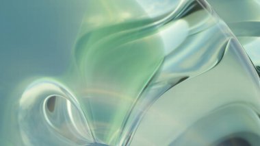 Pürüzsüz, akışkan camsı dalgaların parlak yansımaları ve yumuşak ışıklandırmasıyla mavi ve yeşil tonlarda olduğu çarpıcı bir 3 boyutlu soyut arka plan..