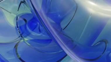 Pürüzsüz, akışkan camsı dalgaların parlak yansımaları ve yumuşak ışıklandırmasıyla mavi ve yeşil tonlarda olduğu çarpıcı bir 3 boyutlu soyut arka plan..