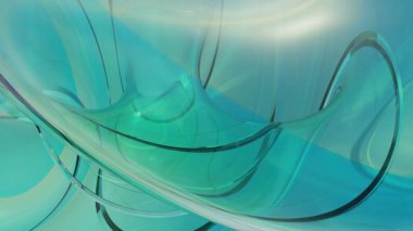 Pürüzsüz, akışkan camsı dalgaların parlak yansımaları ve yumuşak ışıklandırmasıyla mavi ve yeşil tonlarda olduğu çarpıcı bir 3 boyutlu soyut arka plan..