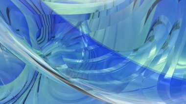 Pürüzsüz, akışkan camsı dalgaların parlak yansımaları ve yumuşak ışıklandırmasıyla mavi ve yeşil tonlarda olduğu çarpıcı bir 3 boyutlu soyut arka plan..