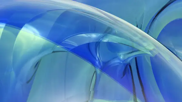 Pürüzsüz, akışkan camsı dalgaların parlak yansımaları ve yumuşak ışıklandırmasıyla mavi ve yeşil tonlarda olduğu çarpıcı bir 3 boyutlu soyut arka plan..