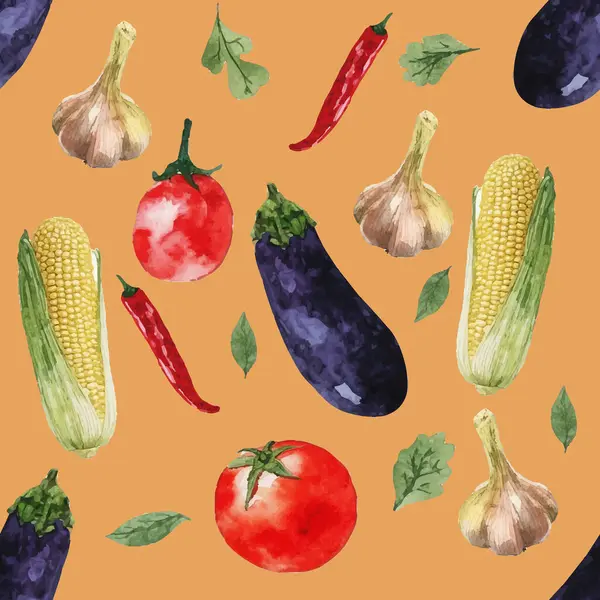 Sebzeler dikişsiz desen. El boyası suluboya vegan illüstrasyon.