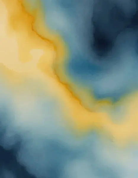  Akan suluboya resimlerinin soyut bir yakın çekimi mavi ve yumuşak sarı tonlarda birbirine karışarak organik şekiller ve dokular oluşturur..