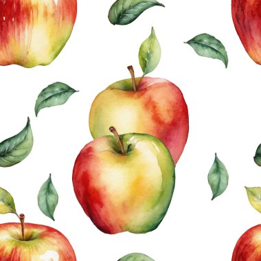  Elle boyanmış suluboya elmaları kırmızı, yeşil ve sarı yapraklı güzel, pürüzsüz desenler. Taze ve canlı tasarım..