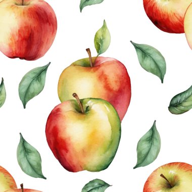  Elle boyanmış suluboya elmaları kırmızı, yeşil ve sarı yapraklı güzel, pürüzsüz desenler. Taze ve canlı tasarım..