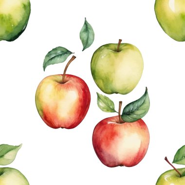  Elle boyanmış suluboya elmaları kırmızı, yeşil ve sarı yapraklı güzel, pürüzsüz desenler. Taze ve canlı tasarım..