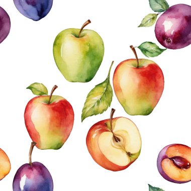 Elle boyanmış suluboya elmaları kırmızı ve yeşil ve erikleri mor ve yapraklarla kaplayan güzel, pürüzsüz desenler. Taze ve canlı tasarım..