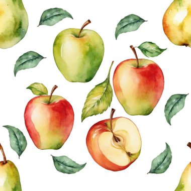 Elle boyanmış kırmızı ve yeşil elmalar ve yapraklı ayılar içeren kusursuz desenler. Taze ve canlı tasarım..