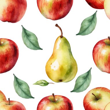 Elle boyanmış kırmızı ve yeşil elmalar ve yapraklı ayılar içeren kusursuz desenler. Taze ve canlı tasarım..