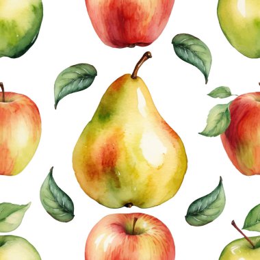 Elle boyanmış kırmızı ve yeşil elmalar ve yapraklı ayılar içeren kusursuz desenler. Taze ve canlı tasarım..