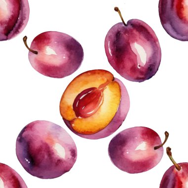 Yaz Meyveleri Şeffaf Arkaplan Üzerinde Kusursuz Suluboya Erik Deseni.