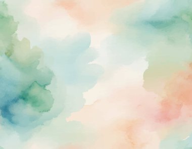 Yumuşak, rüya gibi suluboya arka plan soyut doğal manzara içeren yeşil, mavi ve şeftali rengi. Huzurlu sanatsal doku.