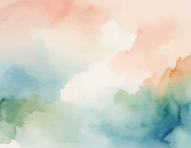 Yumuşak, rüya gibi suluboya arka plan soyut doğal manzara içeren yeşil, mavi ve şeftali rengi. Huzurlu sanatsal doku.